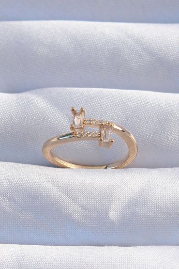 Pirinç Gold Renk Zirkon Taşlı Geometrik Ayarlanabilir Yüzük - TJ-BYK3239
