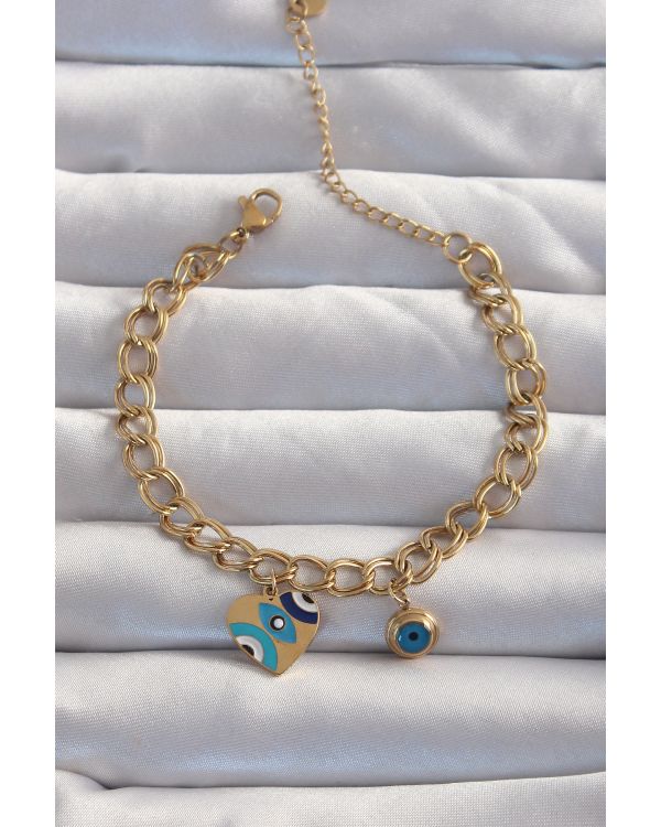 316L Çelik Gold Renk Nazarlı Kalp Model Zincir Bileklik - TJ-BB6227