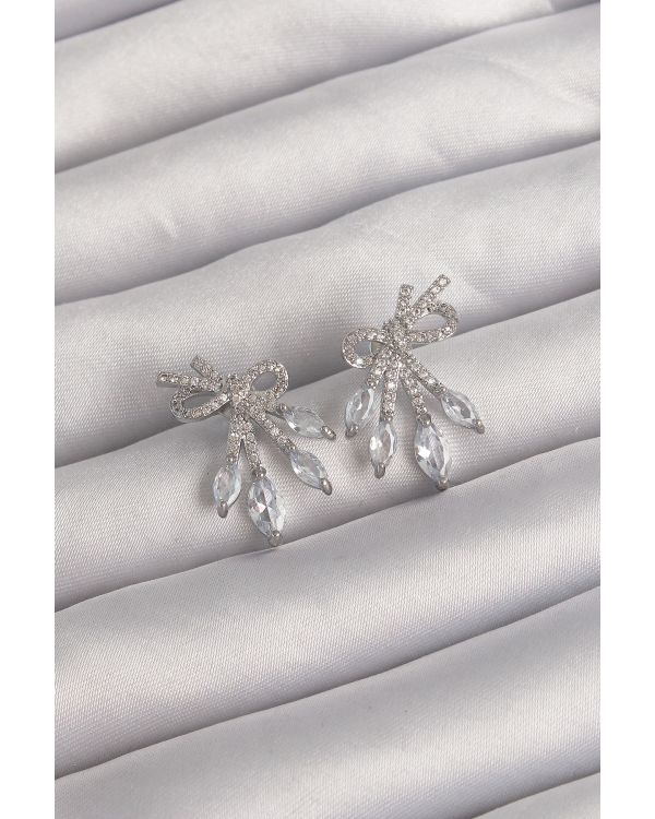 Pirinç Gümüş Renk Zirkon Taşlı Fiyonk Küpe - TJ-BKP9292