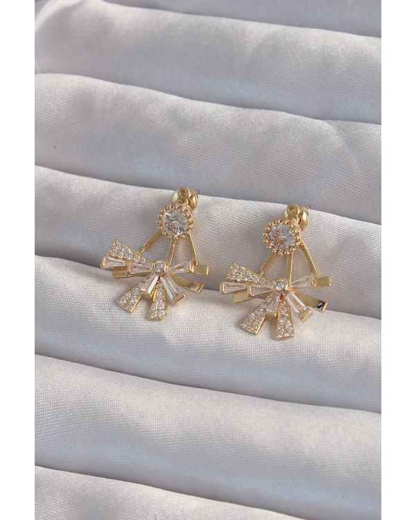 Pirinç Gold Renk Zirkon Taşlı Yassı Fiyonk Model Küpe - TJ-BKP9301