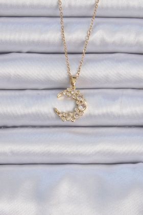 316L Çelik Zincir Altın Renk Zirkon Taşlı Ay Kolye - TJ-BKO9073