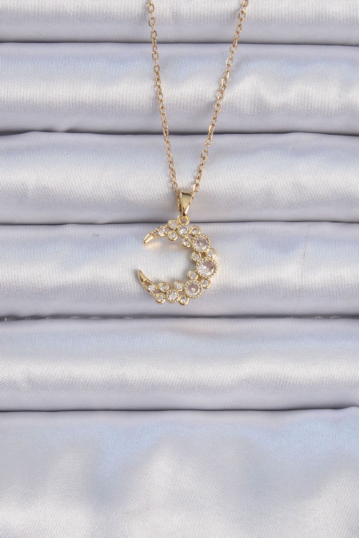 316L Çelik Zincir Altın Renk Zirkon Taşlı Ay Kolye - TJ-BKO9073