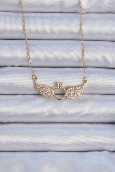 316L Çelik Zincir Altın Renk Kanatlı Tektaş Kolye - TJ-BKO9077