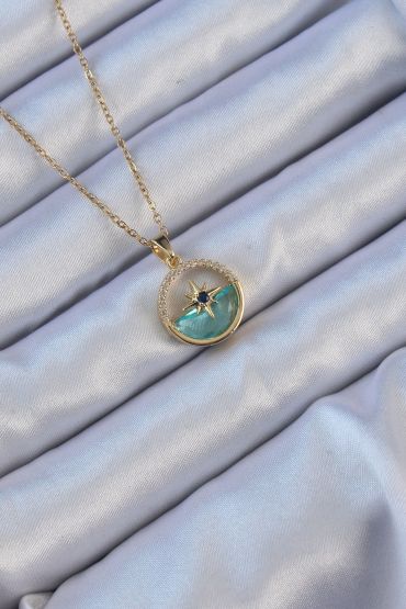 316L Çelik Zincir Altın Renk Zirkon Taşlı Deniz Görünüm Kutup Yıldızı Kolye - TJ-BKO9113