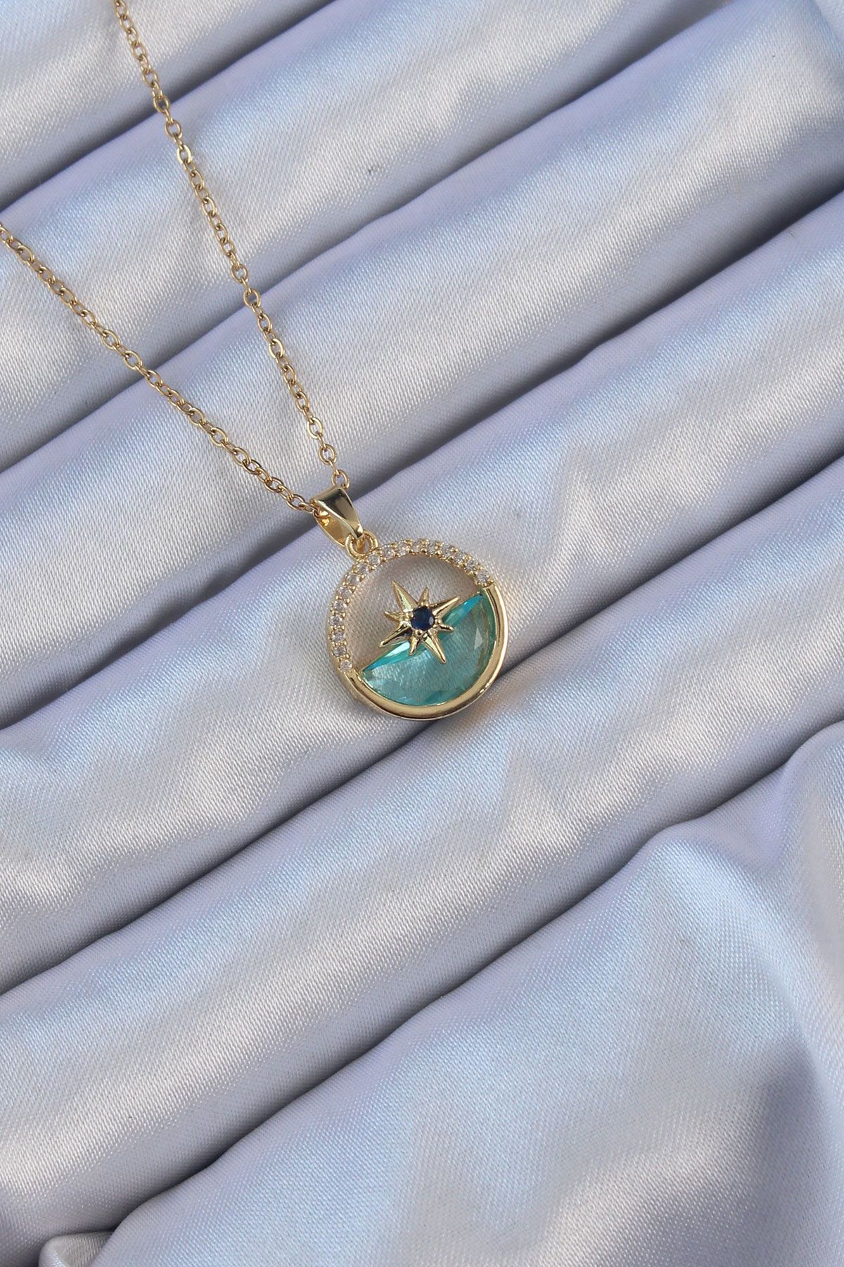 316L Çelik Zincir Altın Renk Zirkon Taşlı Deniz Görünüm Kutup Yıldızı Kolye - TJ-BKO9113