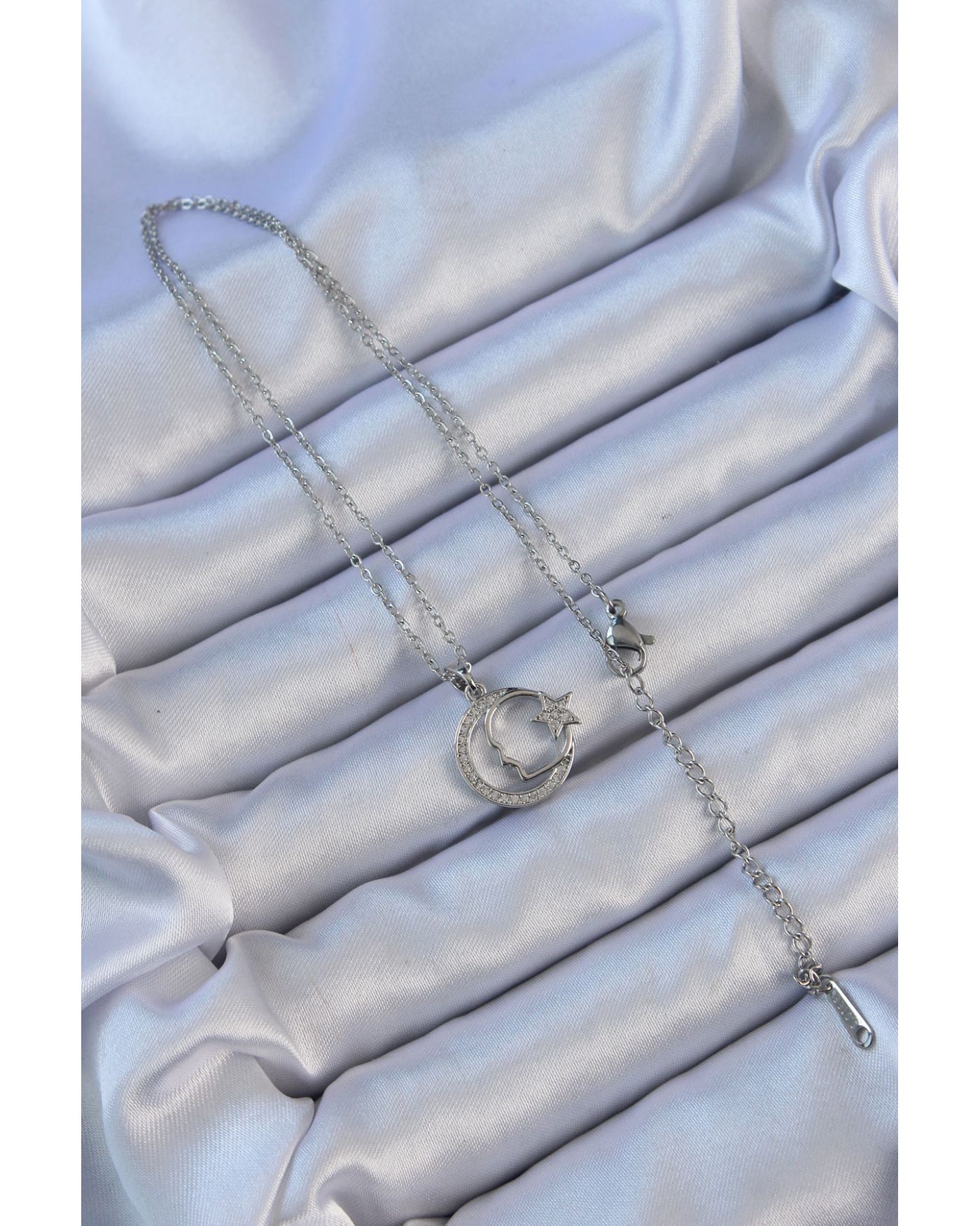 316L Çelik Zincir Gümüş Renk Zirkon Taşlı Ay Yıldız Simgeli Atatürk Kolye - TJ-BKO9118