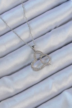 316L Çelik Zincir Gümüş Renk Zirkon Taşlı Yüzüklü Kalp Kolye - TJ-BKO9146