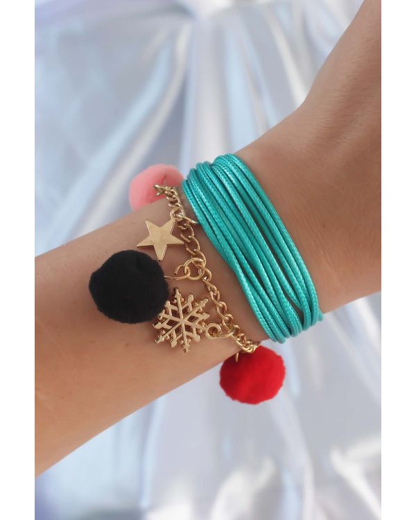Turkuaz Renk Kar Tanesi Figür Zincir Detay İpli Çoklu Bileklik - TJ-BB6346