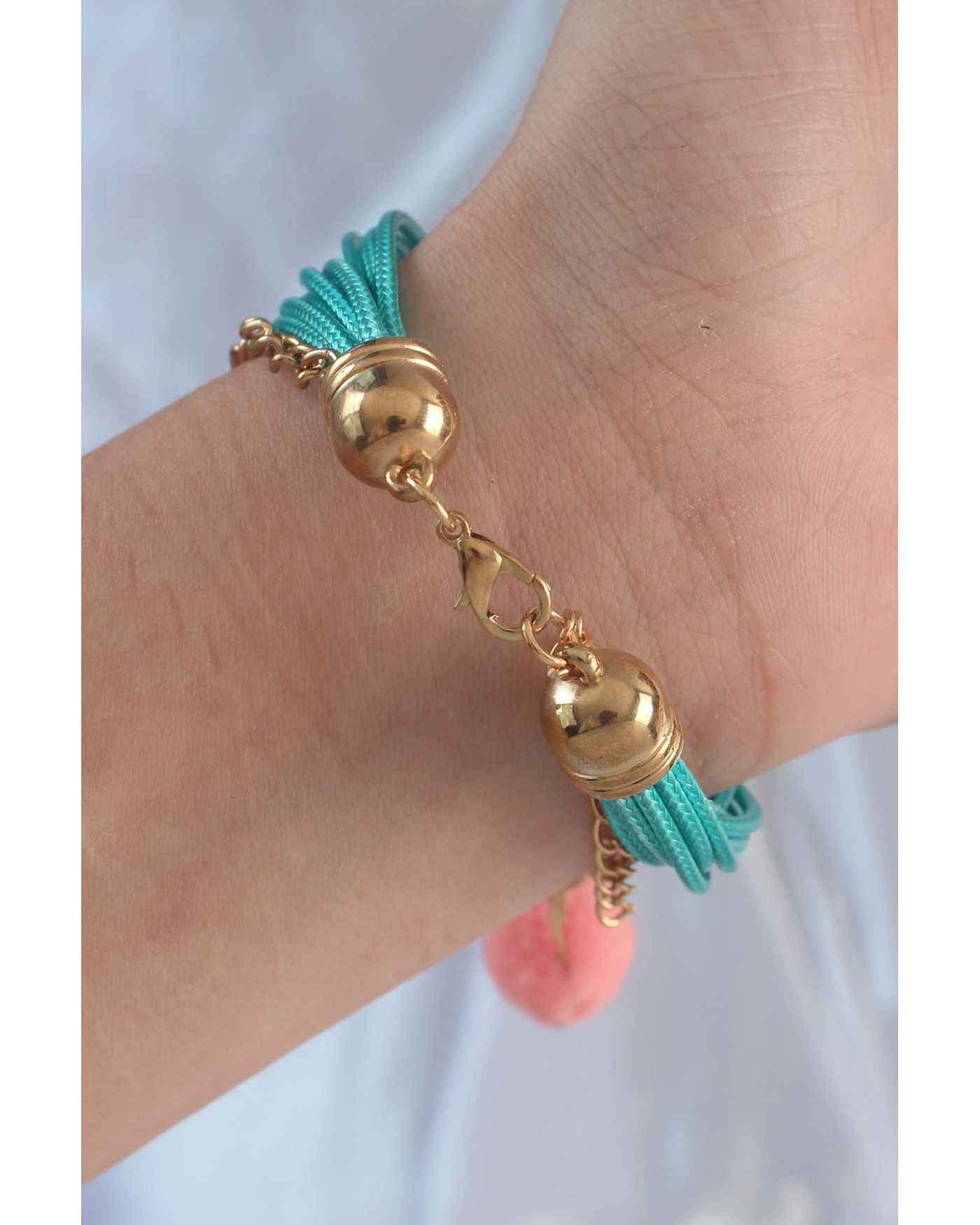 Turkuaz Renk Kar Tanesi Figür Zincir Detay İpli Çoklu Bileklik - TJ-BB6346