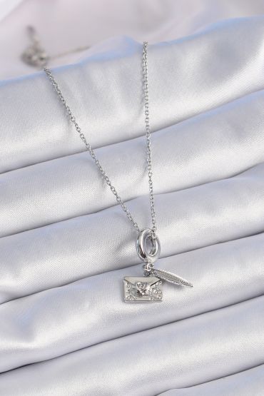 316L Çelik Gümüş Renk Kalp Detay Mektup Figür Charm Model Kadın Kolye - TJ-BKO9313