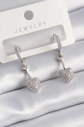 Pirinç Gümüş Renk Zirkon Taşlı Sallantı Kalp Model Kadın Küpe - TJ-BKP9535