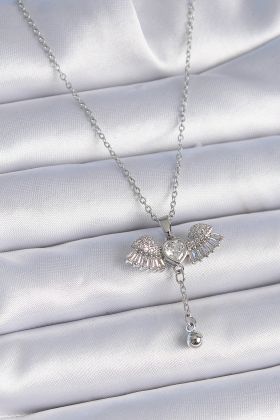 316L Çelik Zincir Gümüş Renk Zirkon Taşlı Kanat Model Sallantı Detay Kadın Kolye - TJ-BKO9380