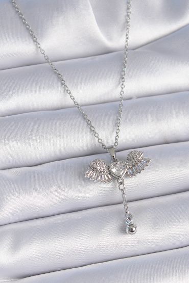 316L Çelik Zincir Gümüş Renk Zirkon Taşlı Kanat Model Sallantı Detay Kadın Kolye - TJ-BKO9380