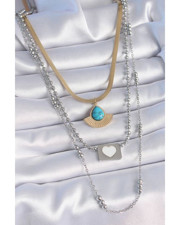 316L Çelik Mix Renk 3'lü Zincir Damla Madalyon Figür Uzun Kadın Kolye - TJ-BKO9402