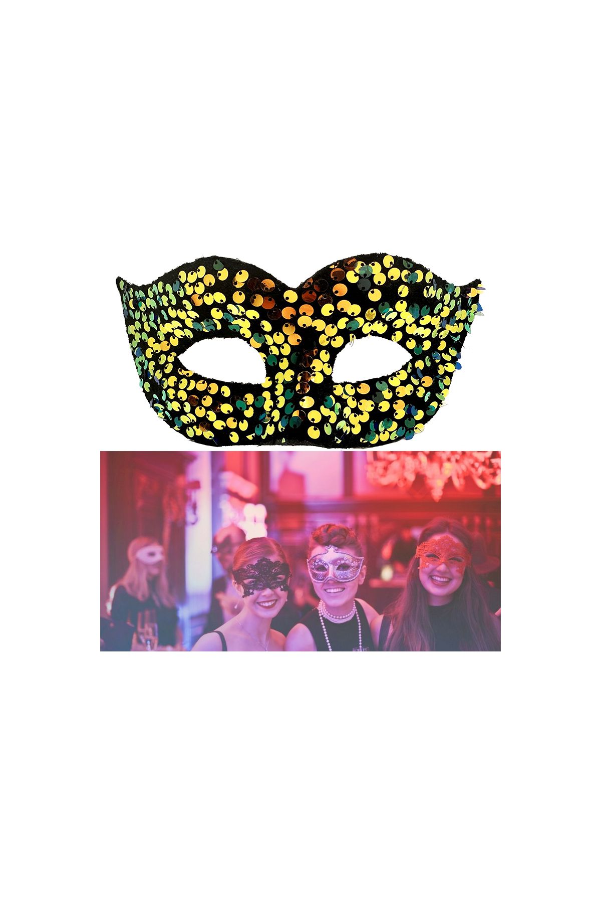 Altın Renk Arkadan Lastikli Pul Payet İşlemeli Balo After Parti Maskesi