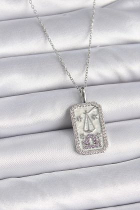 316L Çelik Gümüş Renk Terazi Burcu Zirkon Taşlı Kadın Kolye - TJ-BKO9454