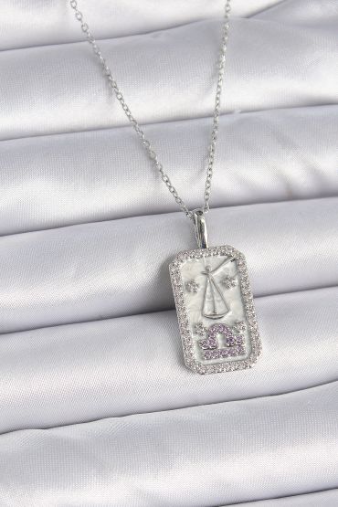 316L Çelik Gümüş Renk Terazi Burcu Zirkon Taşlı Kadın Kolye - TJ-BKO9454