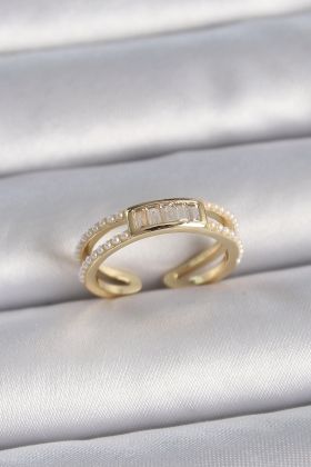 Pirinç Gold Renk Ayarlanabilir Sıralı İncili Zirkon Taş Detaylı Kadın Yüzük - TJ-BYK3380