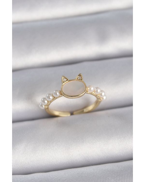 Pirinç Gold Renk Ayarlanabilir Beyaz Mineli Kedi Model İnci Detay Kadın Yüzük - TJ-BYK3386