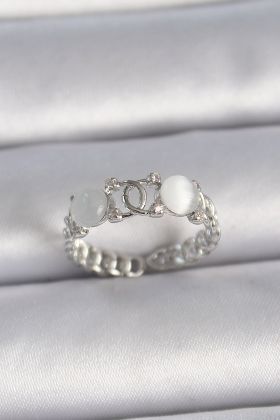 Pirinç Gümüş Renk Ayarlanabilir Zirkon Taşlı Beyaz Mineli Birleşik Halka Model Kadın Yüzük - TJ-BYK3403