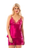  946 Fuşya Saten Babydoll Şortlu Takım