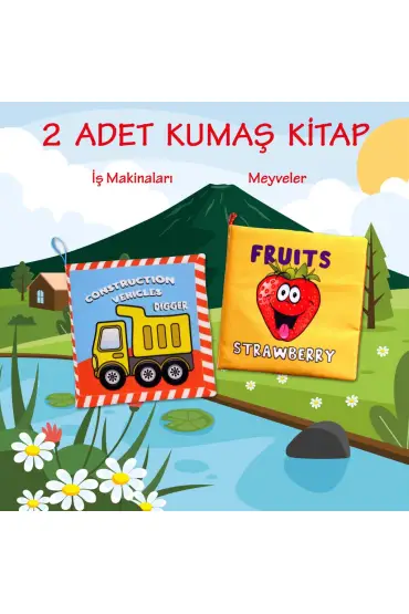  247 2 Kitap  İngilizce İş Makinaları ve Meyveler Kumaş Sessiz Kitap