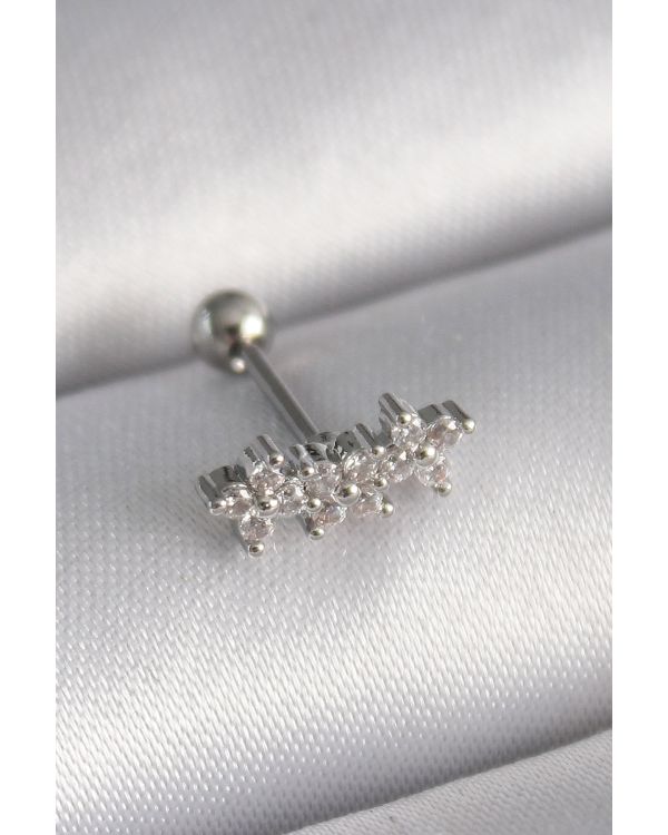 316L Çelik Gümüş Renk Zirkon Taşlı Yonca Tragus Piercing - TJ-PR1255