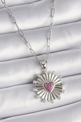 316L Çelik Gümüş Renk Pembe Zirkon Taşlı Kalp İşleme Madalyon Model Kadın Kolye - TJ-BKO9533