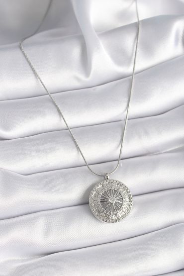 316L Çelik Gümüş Renk Zirkon Taşlı 12 Burç Madalyon Model Kadın Kolye - TJ-BKO9541