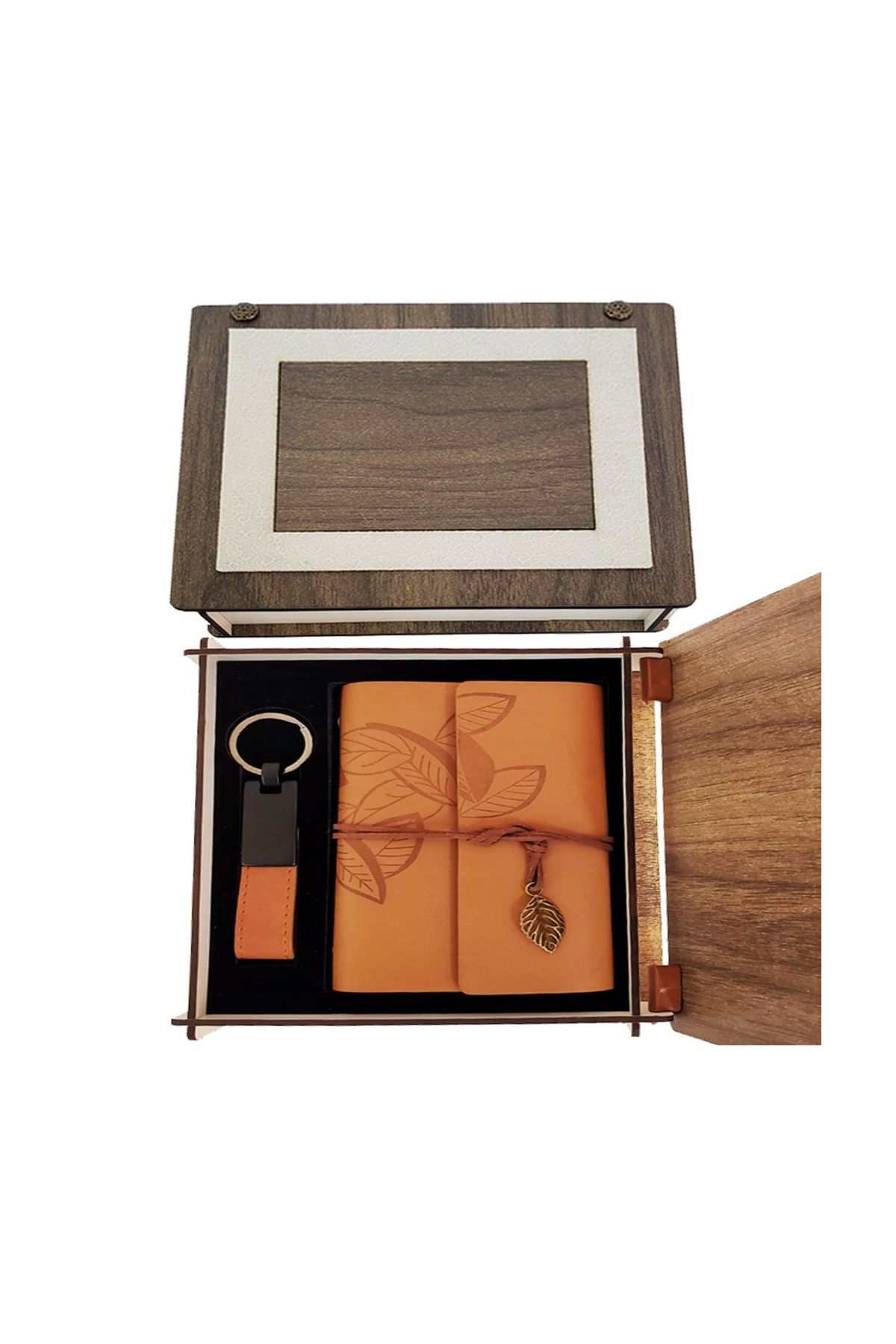 Özel Ahşap Kutulu Taba Deri Defter ve Anahtarlık Set