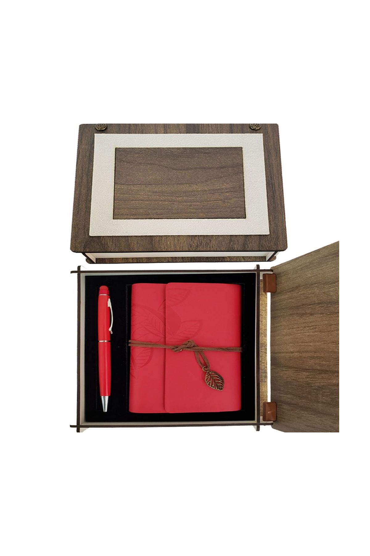 Özel Ahşap Kutulu Kırmızı Deri Defter ve Kalem Set