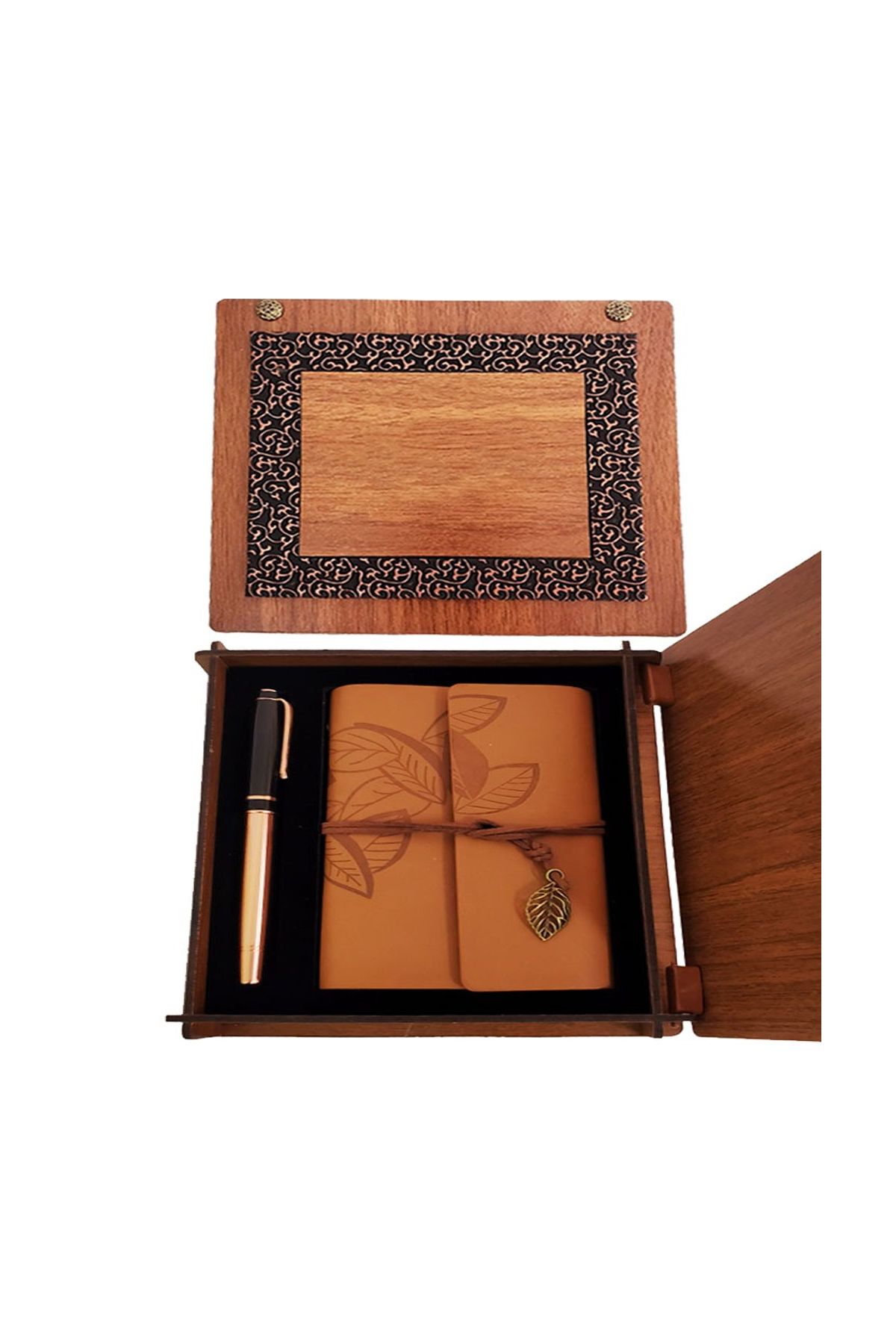 Ahşap Kutulu Taba Renk Deri Defter ve Kalem Set