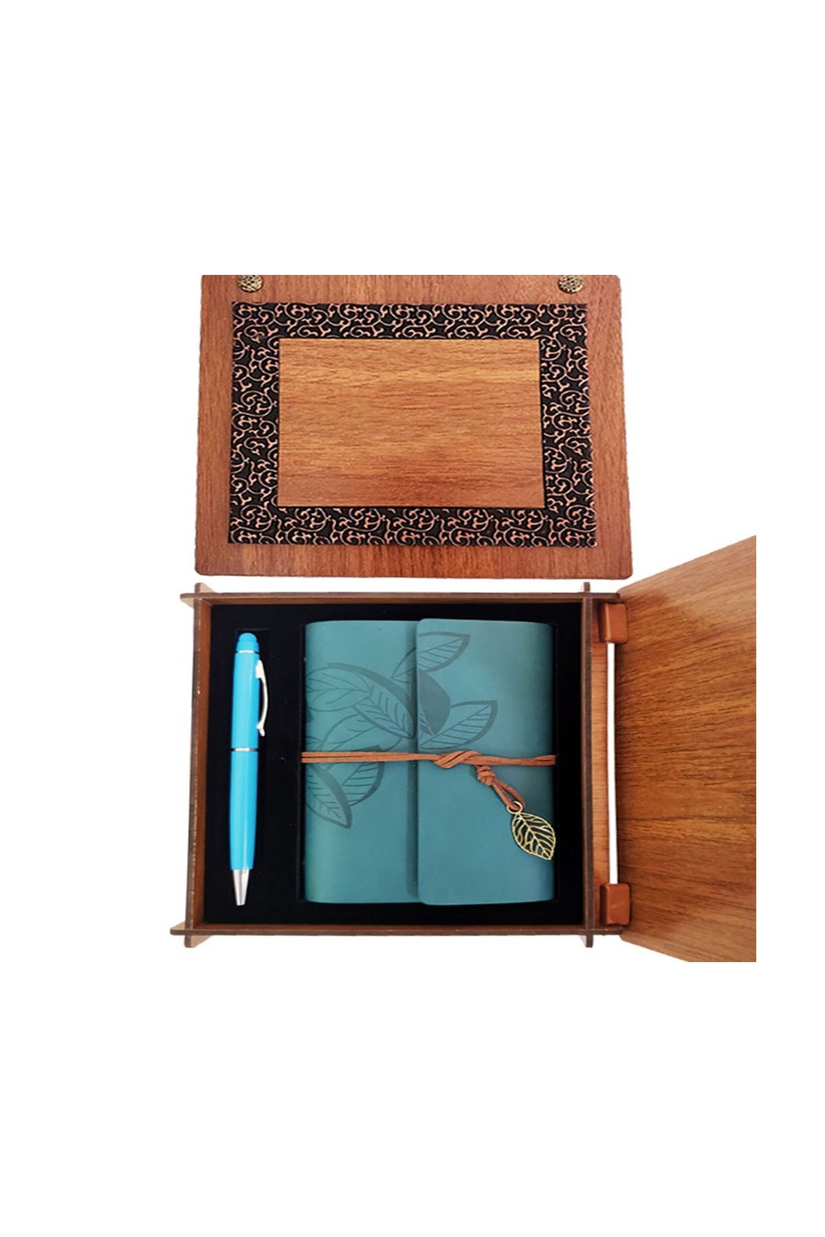Ahşap Kutulu Mavi Deri Defter Kalem Seti