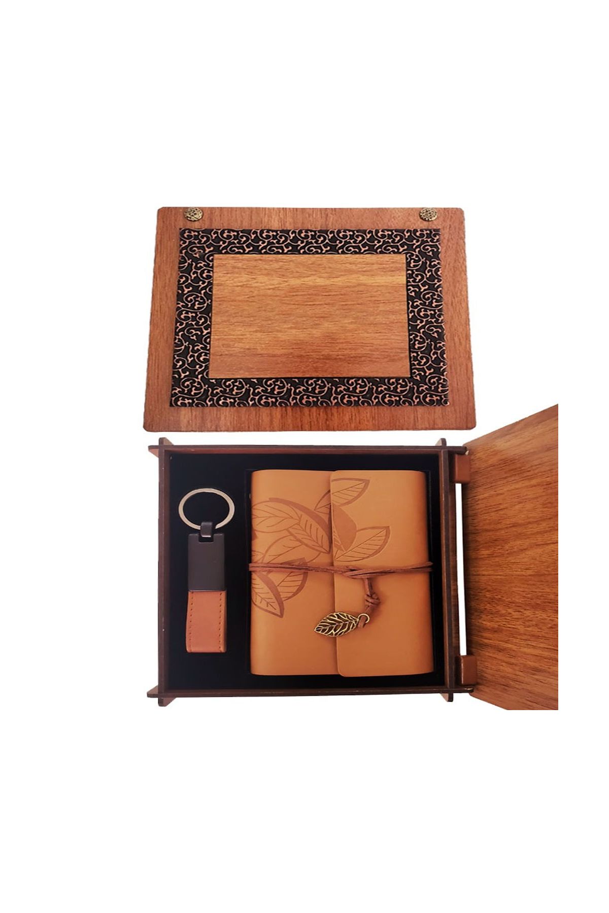 Ahşap Kutulu Taba Renk Deri Defter Anahtarlık Set