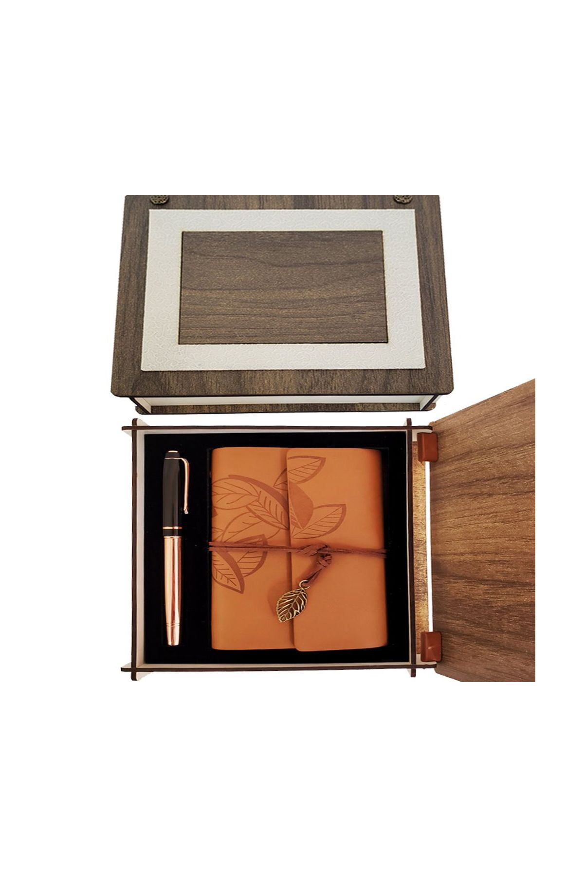 Özel Ahşap Kutulu Taba Deri Defter ve Bakır Roller Kalem Set