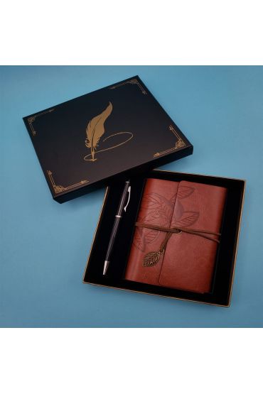 Deri Defter ve Tükenmez Kalem Karton Kutu Kahverengi