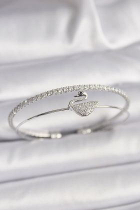 Pirinç Gümüş Renk Zirkon Taşlı Kuğu Model Kadın Bileklik - TJ-BB6541