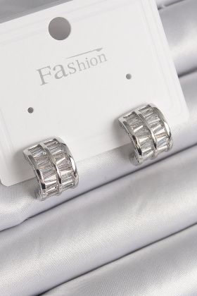 Pirinç Gümüş Renk Çift Sıra Zirkon Taşlı Kadın Küpe - TJ-BKP9755