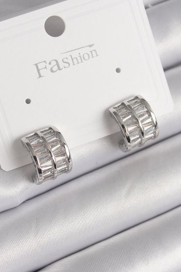 Pirinç Gümüş Renk Çift Sıra Zirkon Taşlı Kadın Küpe - TJ-BKP9755