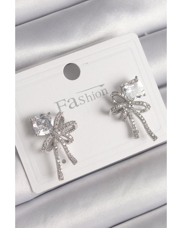 Pirinç Gümüş Renk Zirkon Taşlı Kurdele Model Kadın Küpe - TJ-BKP9775