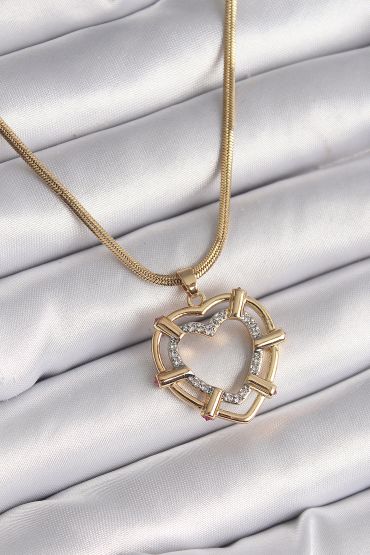 316L Çelik Gold Renk İtalyan Zincir Mix Renk Zirkon Taşlı Kalp Model Kadın Kolye - TJ-BKO9601