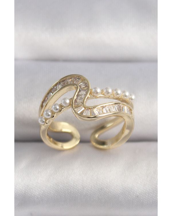 Pirinç Gold Renk Zirkon Taşlı İnci Detay VIP Seri Kadın Yüzük - TJ-BYK3512