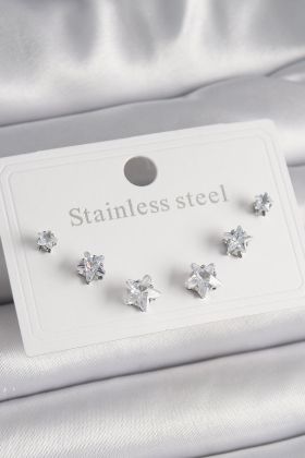 316L Çelik Gümüş Renk Zirkon Taşlı Yıldız Model Kadın Küpe Seti - TJ-BKP9881