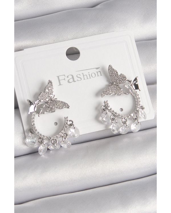 Pirinç Gümüş Renk Zirkon Taşlı Sallantı Detay Kelebek Model Kadın Küpe - TJ-BKP9902