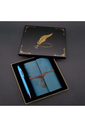 Metal Kalem ve Mavi Deri Defter
