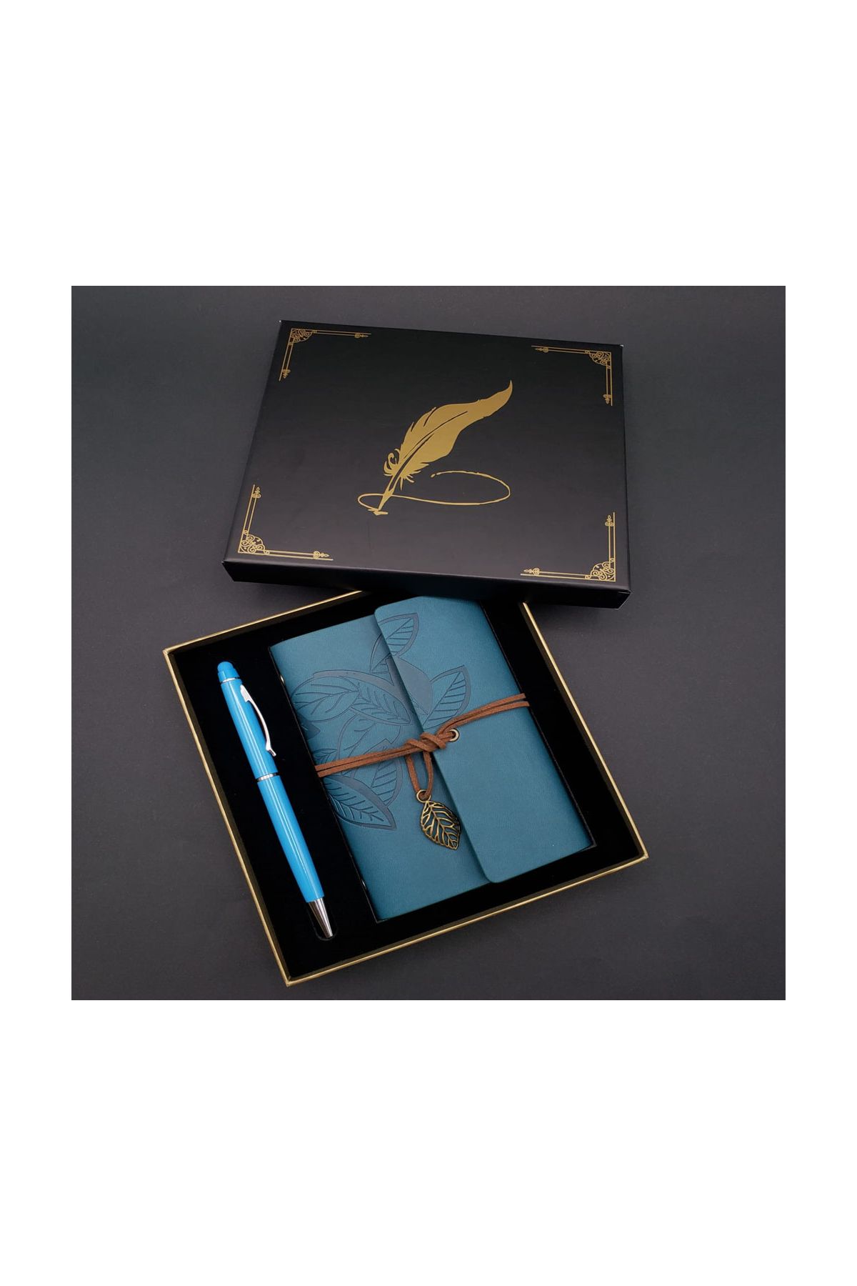 Metal Kalem ve Mavi Deri Defter
