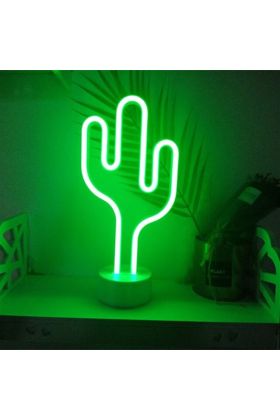 Neon Işıklı Kaktüs Masa Gece Lambası USB ve Pilli