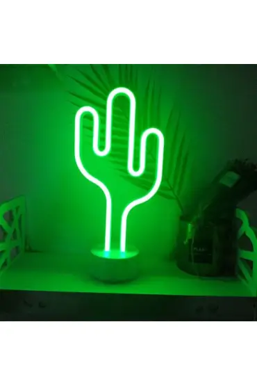 Neon Işıklı Kaktüs Masa Gece Lambası USB ve Pilli