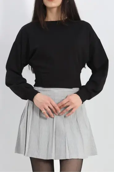 Bisiklet Yaka İki İplik Crop Sweat Siyah