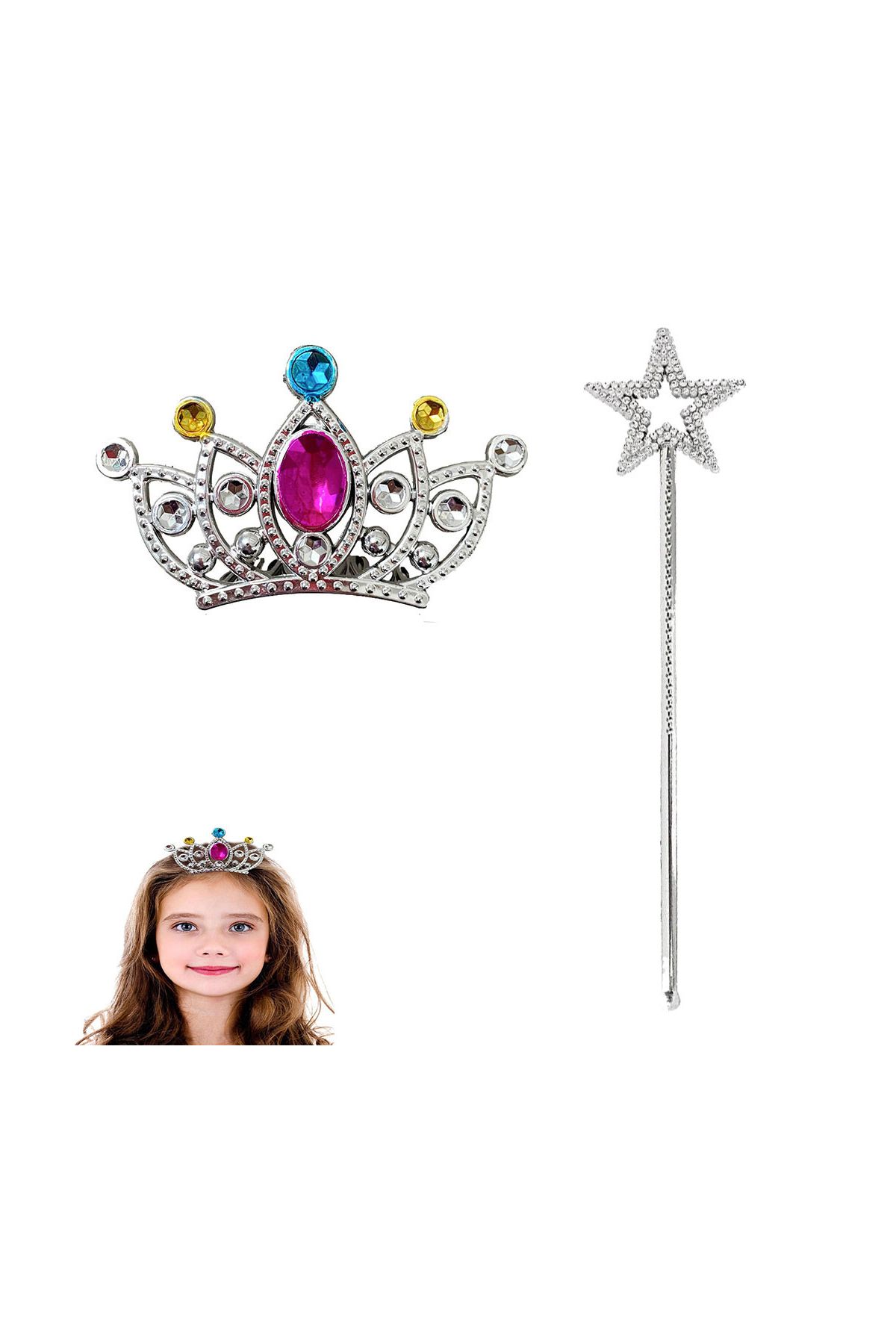 Çocuklar İçin Taraklı Prenses Tacı ve Prenses Yıldız Asa Seti Gümüş